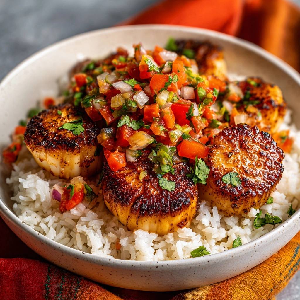Knusprige Jakobsmuscheln mit Mango-Paprika-Salsa auf Reis, nahaufnahme der gebratenen Jakobsmuscheln mit frischer Salsa.
