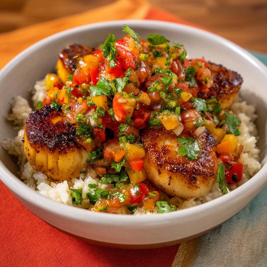 Knusprige Jakobsmuscheln mit Mango-Paprika-Salsa auf Reis, in einer Schüssel serviert mit einer Nahaufnahme der Textur.