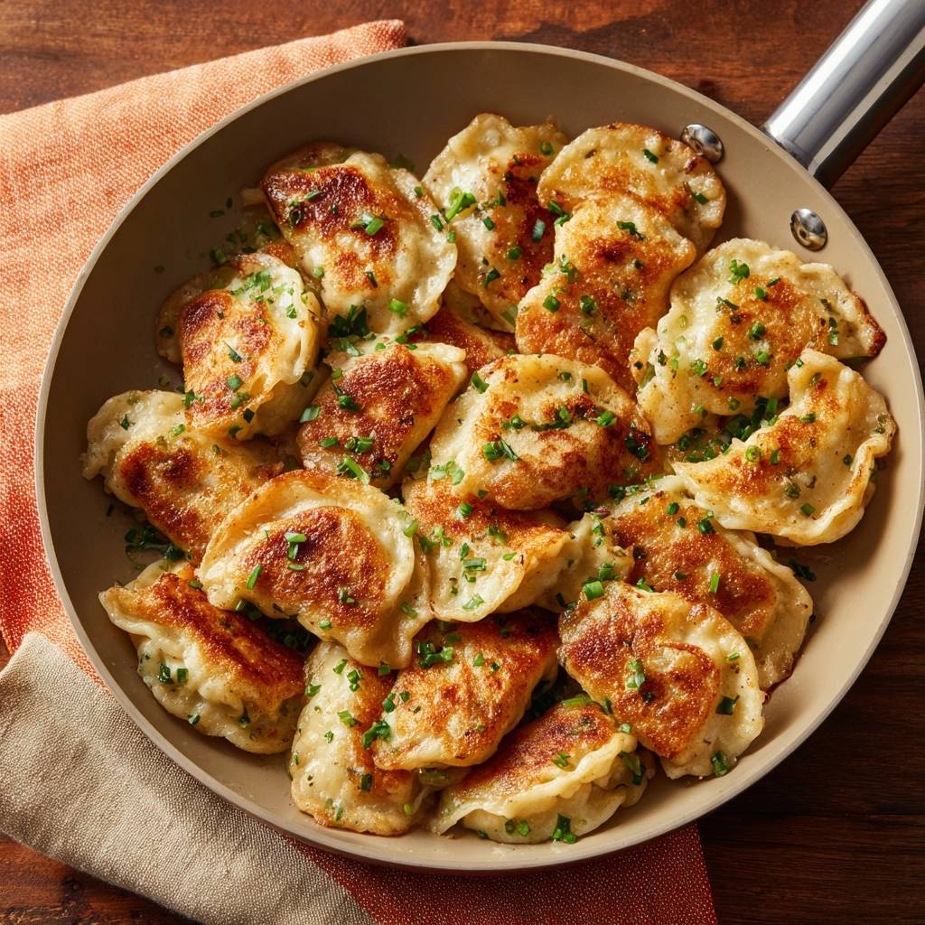 Knusprige Käse-Pierogi in einer Pfanne, goldbraun gebraten und mit frischen Kräutern garniert, bereit zum Servieren.