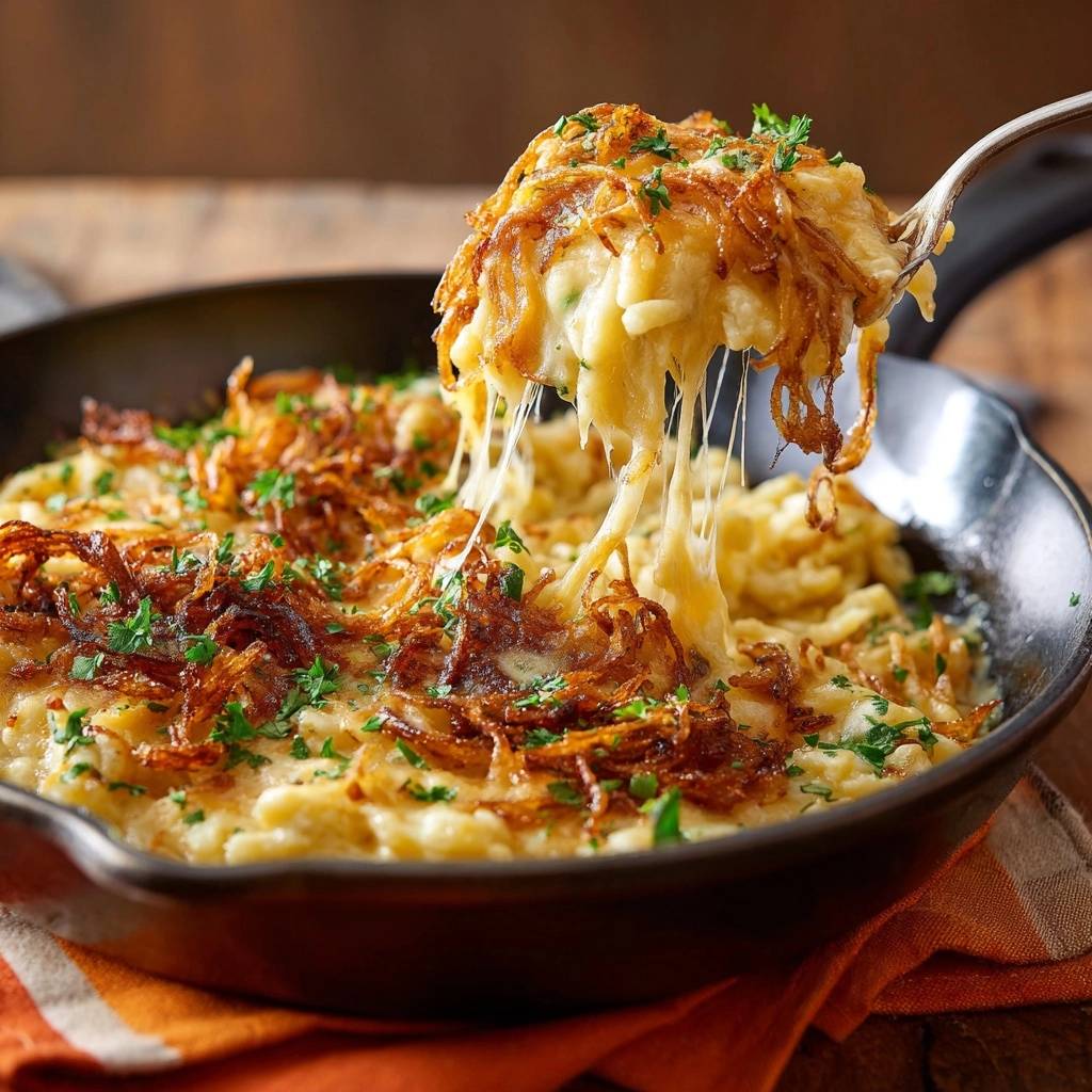 Knusprige Käse-Rösti als Nahaufnahme, mit geschmolzenem Käse, der von einer Gabel gezogen wird, garniert mit Petersilie.