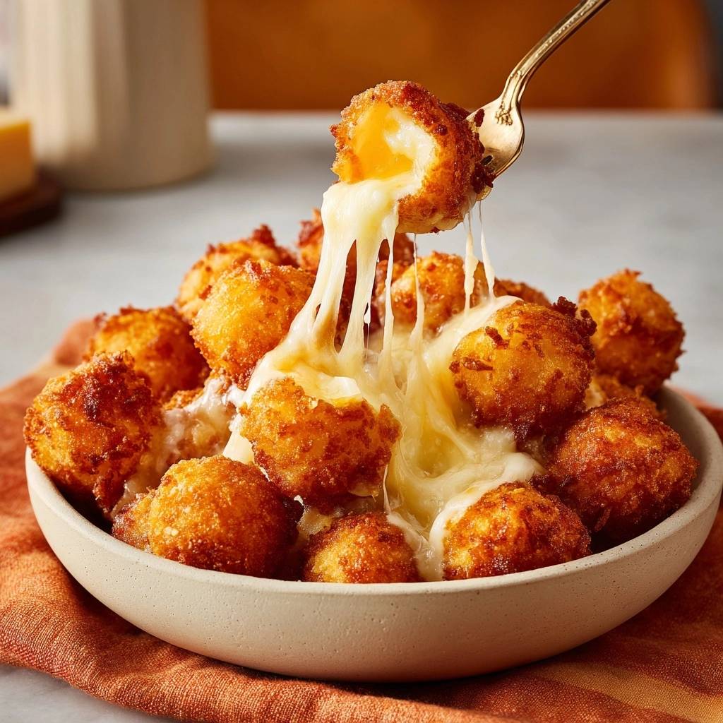 Knusprige Käsegefüllte Kartoffelbällchen mit geschmolzenem Käse, aus denen ein einzelner Bällchen herausgezogen wird.