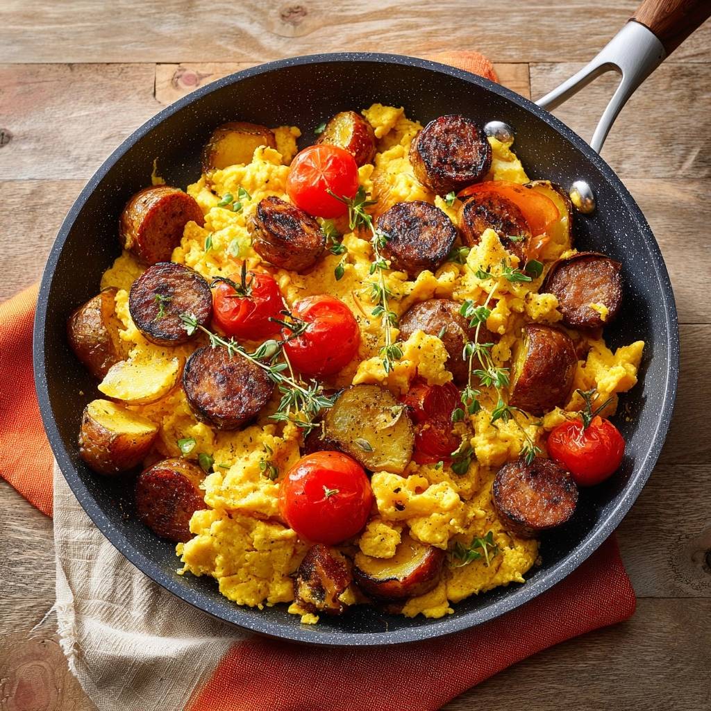 Knusprige Kartoffel-Wurst-Pfanne mit Rührei, von oben in einer Pfanne serviert mit frischen Kräutern und Tomaten.