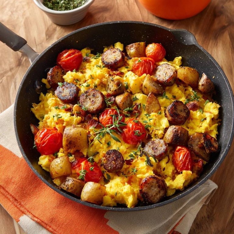 Knusprige Kartoffel-Wurst-Pfanne mit Rührei, serviert in einer schwarzen Pfanne mit frischen Kräutern garniert.