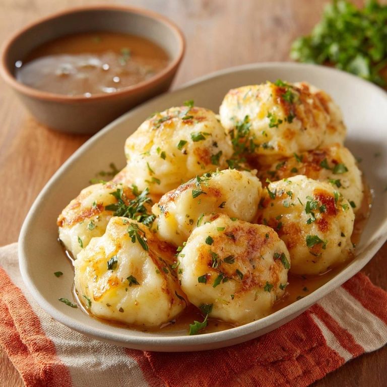 Knusprige gebratene Kartoffelknödel in Sauce, garniert mit frischer Petersilie, serviert in einer ovalen Schüssel auf einem Holztisch.