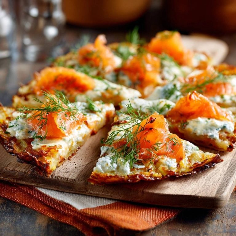 Knusprige Kartoffelpizza mit Lachs und Dill, angeschnitten auf einem Holzbrett, zeigt die Textur des Bodens und Belags.