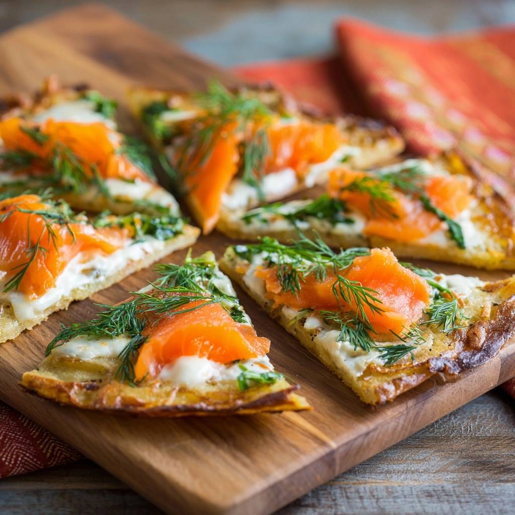 Knusprige Kartoffelpizza mit Lachs und Dill, nahaufnahme der einzelnen Scheiben mit frischem Dill garniert auf einem Holzbrett