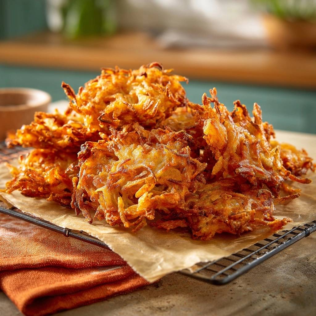 Knusprige Kartoffelpuffer mit sichtbarer feiner Kartoffeltextur, auf einem Gitterrost ruhend.
