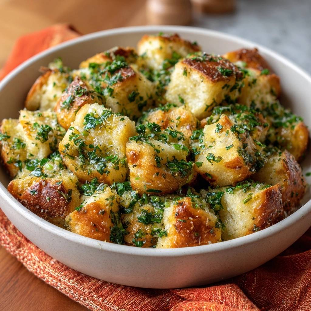 Knusprige Knoblauch-Petersilie-Brotbites als Nahaufnahme in einer Schüssel, mit frischer Petersilie garniert.
