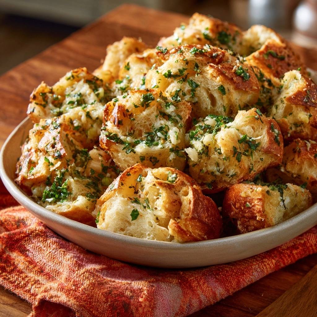 Knusprige Knoblauch-Petersilie-Brotbites in einer Schüssel, nahaufnahme mit Blick auf die Textur und Kräuter.