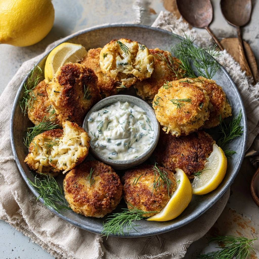 Knusprige Krabbenküchlein mit Zitronen-Dill-Sauce, ein angeschnittenes Küchlein zeigt das zarte Innere.