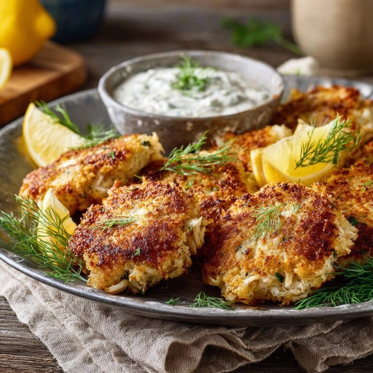 Knusprige Krabbenküchlein mit Zitronen-Dill-Sauce, nahaufnahme auf einem Teller mit Zitronenspalten und Dill garniert.