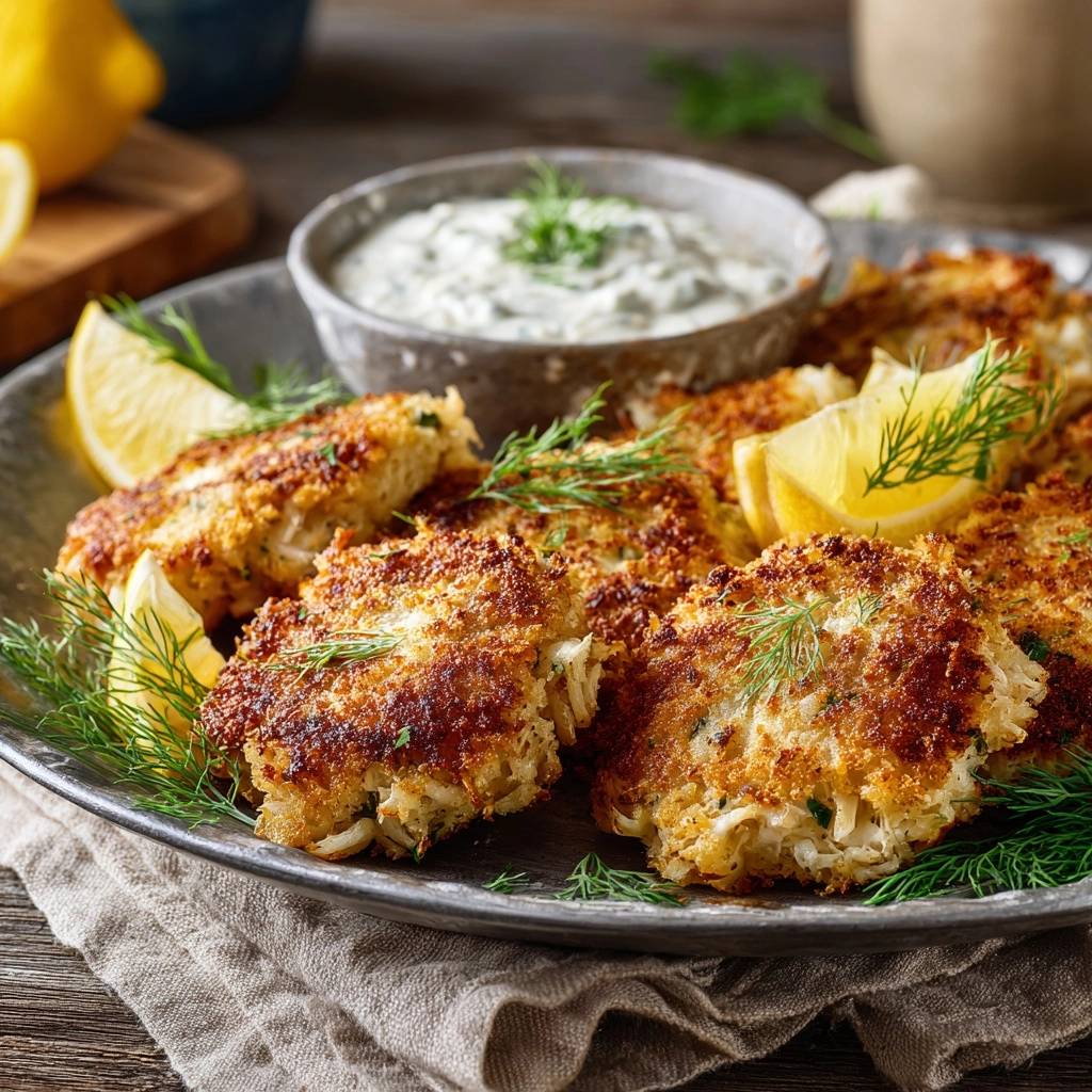 Knusprige Krabbenküchlein mit Zitronen-Dill-Sauce, nahaufnahme auf einem Teller mit Zitronenspalten und Dill garniert.