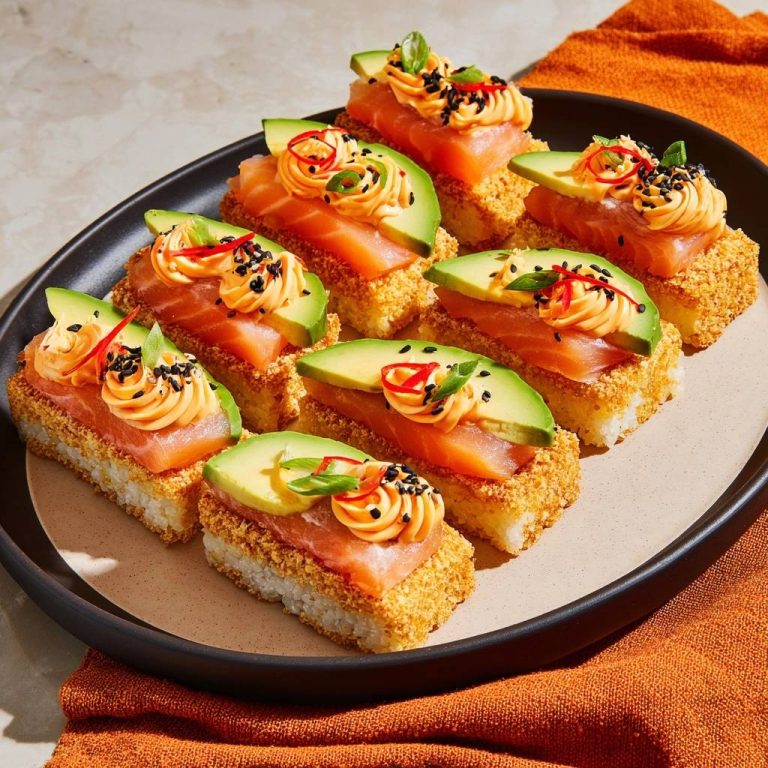 Knusprige Lachs-Avocado-Sushi-Bites sind auf einem Teller angerichtet, mit Lachs, Avocado und einem Klecks Sauce garniert.