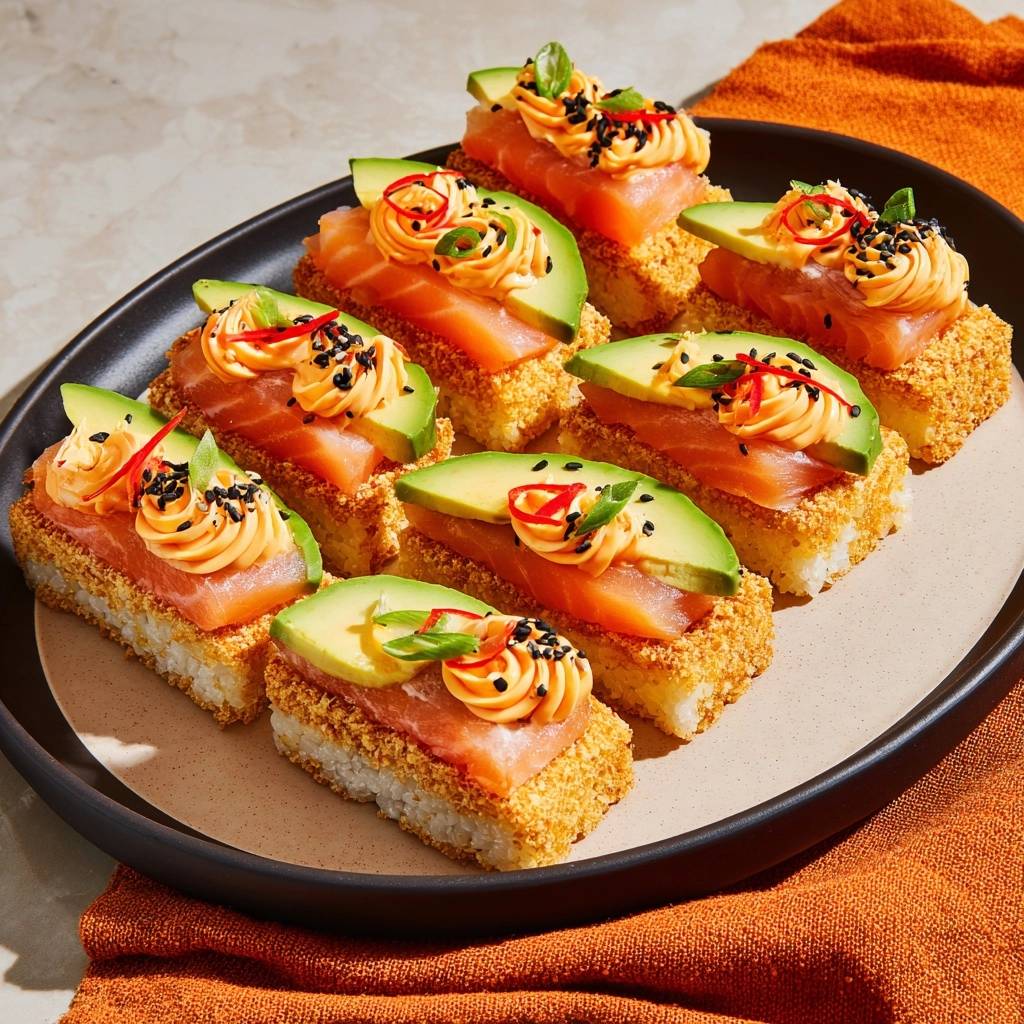 Knusprige Lachs-Avocado-Sushi-Bites sind auf einem Teller angerichtet, mit Lachs, Avocado und einem Klecks Sauce garniert.