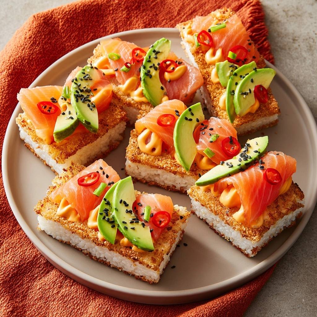 Knusprige Lachs-Avocado-Sushi-Bites serviert auf einer grauen Platte mit orangefarbenem Tuch daneben.