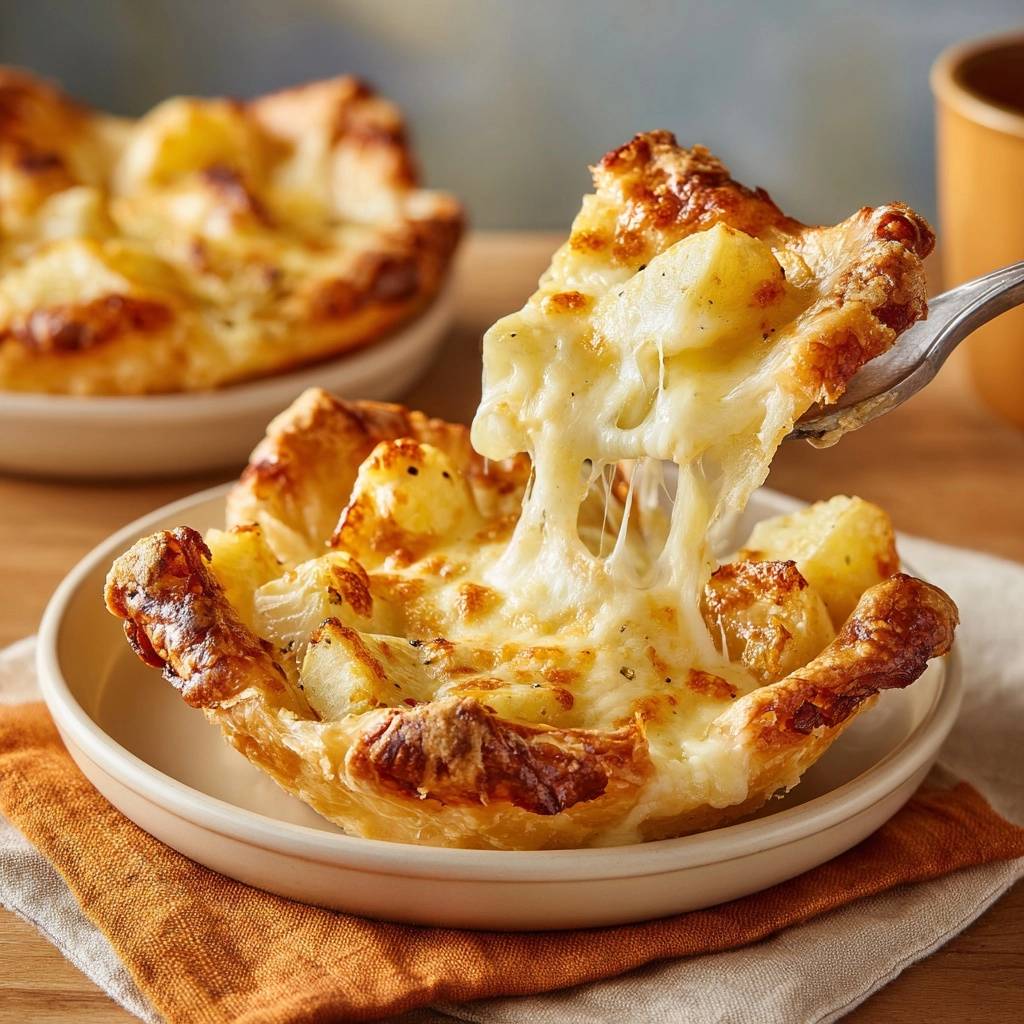 Knusprige Mini-Käse-Kartoffel-Gratins, die auf einem Löffel mit langem Käsefaden serviert werden.