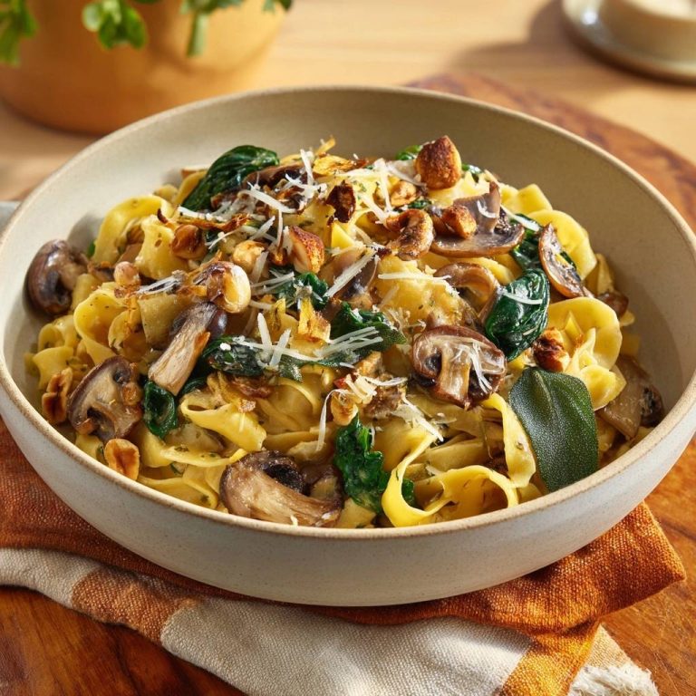 Knusprige Pilz-Haselnuss-Tagliatelle mit Spinat & Salbei, detailreiche Nahaufnahme der garnierten Pasta mit Pilzen und Nüssen.