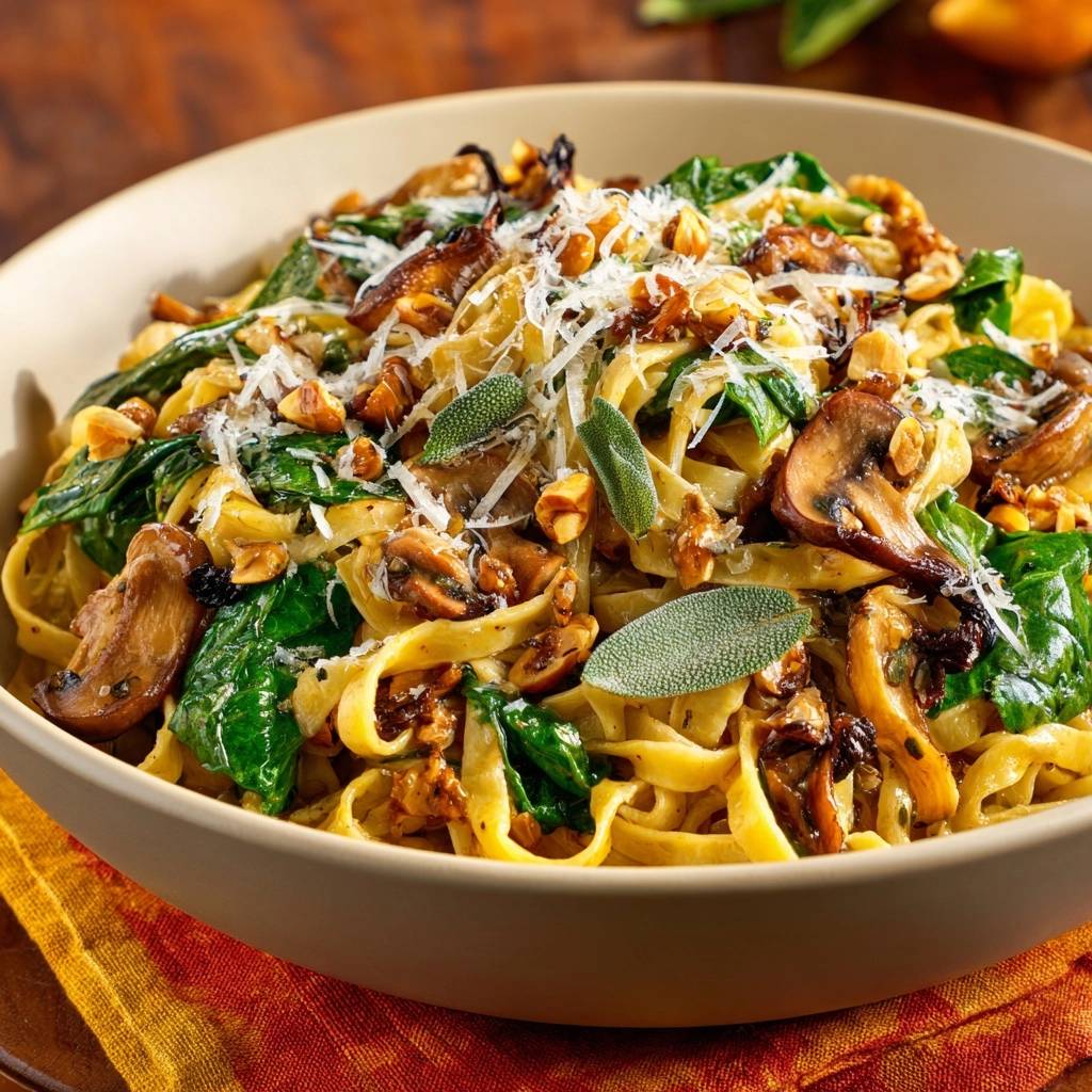 Knusprige Pilz-Haselnuss-Tagliatelle mit Spinat und Salbei, garniert mit geriebenem Käse und Nüssen.