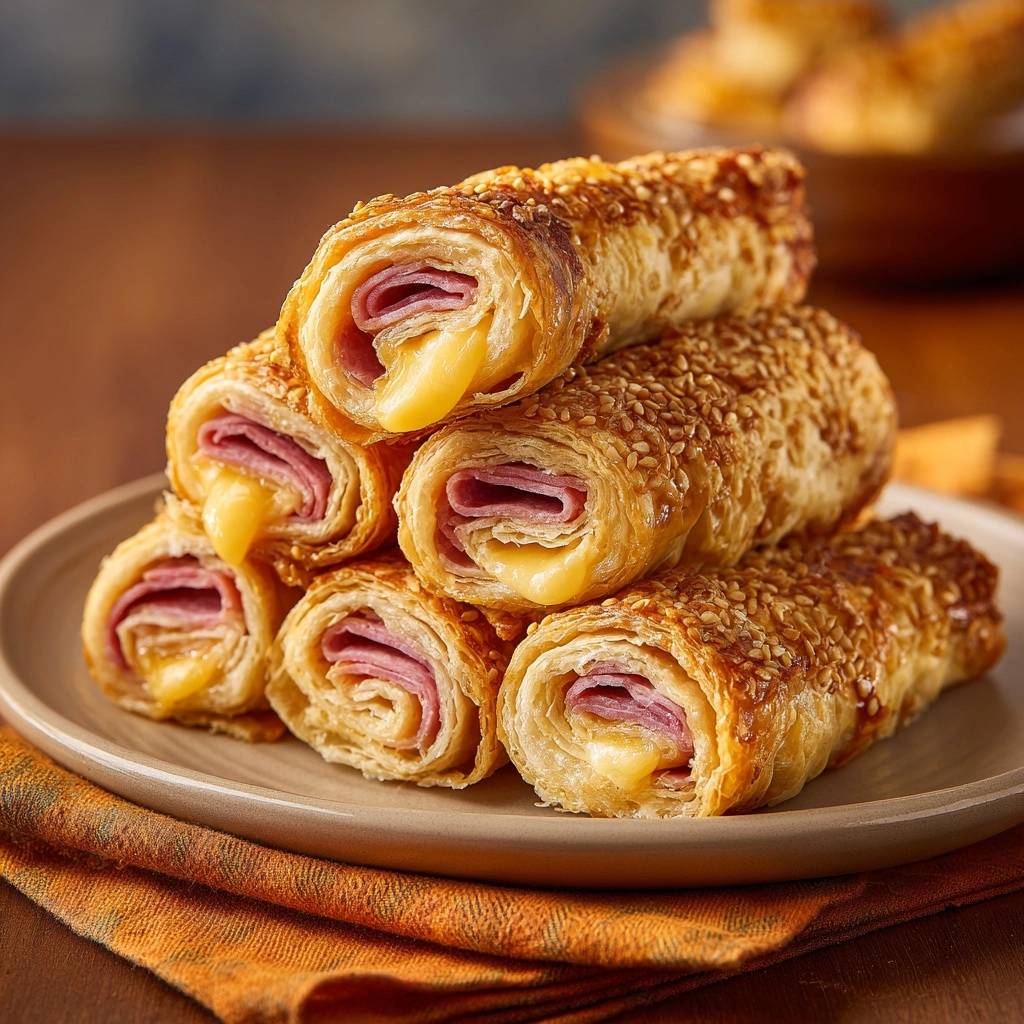 Knusprige Puten-Käse-Sesam-Rollen als Nahaufnahme, mit schmelzendem Käse und Putenbrust im Inneren.