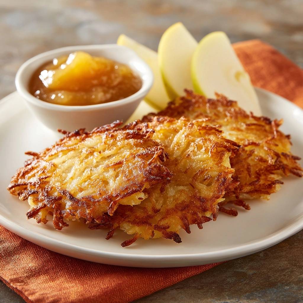Knusprige Reibekuchen mit Apfelmus auf einem Teller, nahaufnahme der goldbraunen Kartoffelpuffer und Apfelmus-Schale.