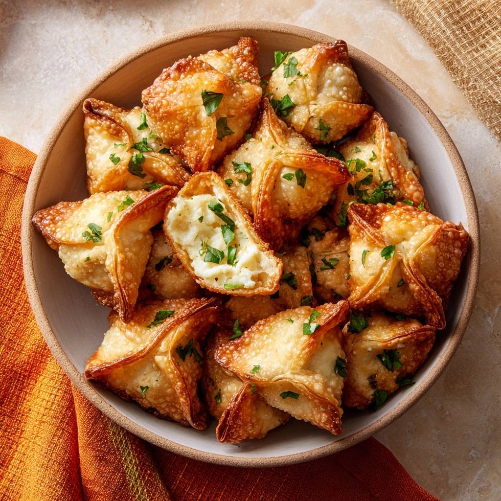 Knusprige Ricotta-Wontons im Anschnitt, gefüllt mit einer cremigen Käsemischung und garniert mit Petersilie