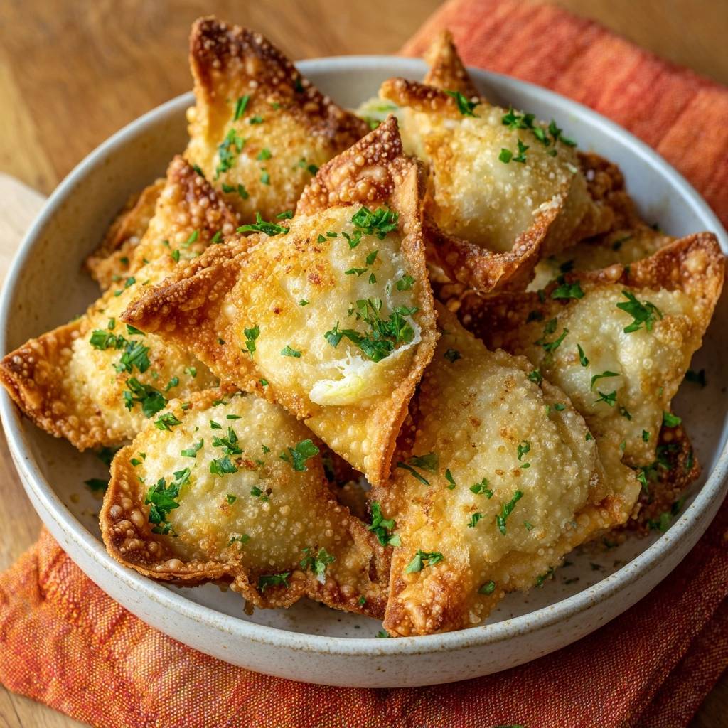 Knusprige Ricotta-Wontons, garniert mit frischer Petersilie, in einer Schüssel auf einem orangen Tuch serviert.