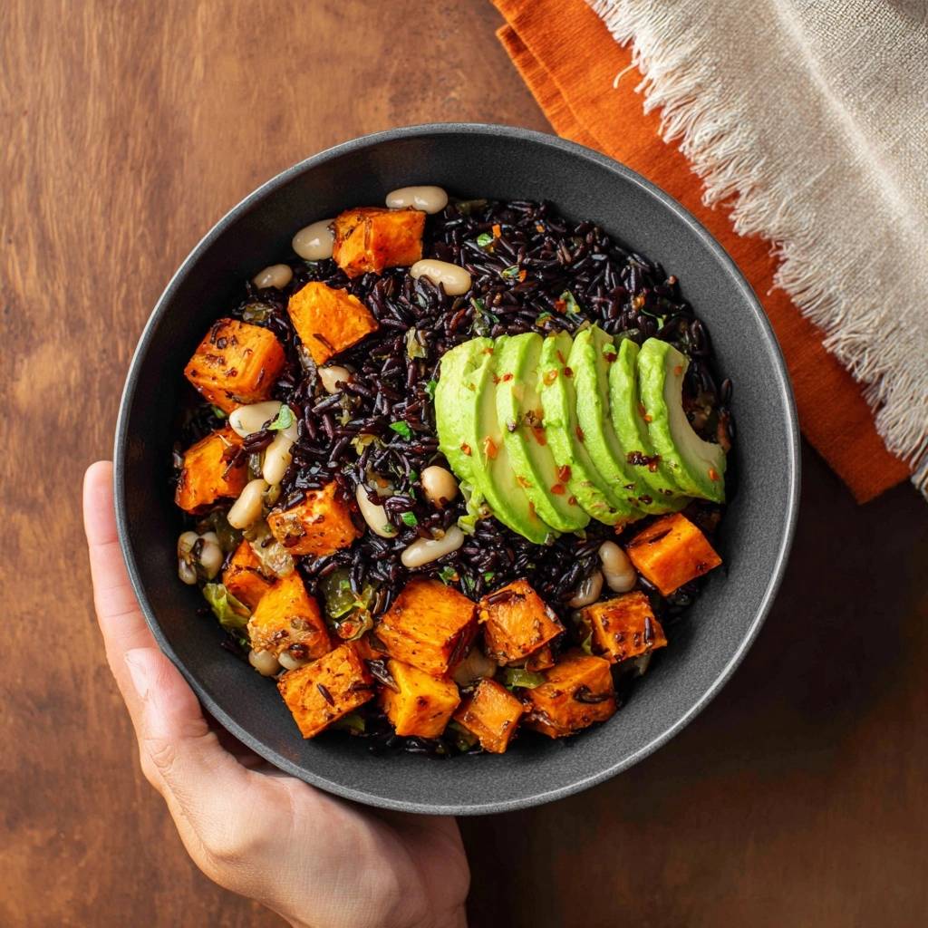 Knusprige Süßkartoffel-Power-Bowl Rezept, eine schwarze Reisschüssel mit Süßkartoffelwürfeln, weißen Bohnen und Avocado von oben.