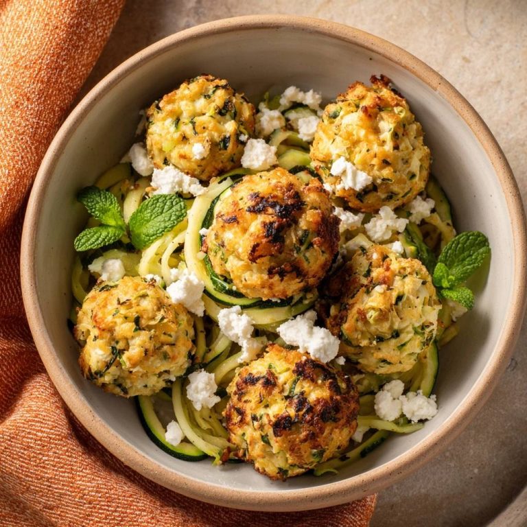 Knusprige Zucchini-Bällchen auf Zoodles mit Feta, eine Nahaufnahme der goldbraunen Bällchen und zerbröseltem Feta.