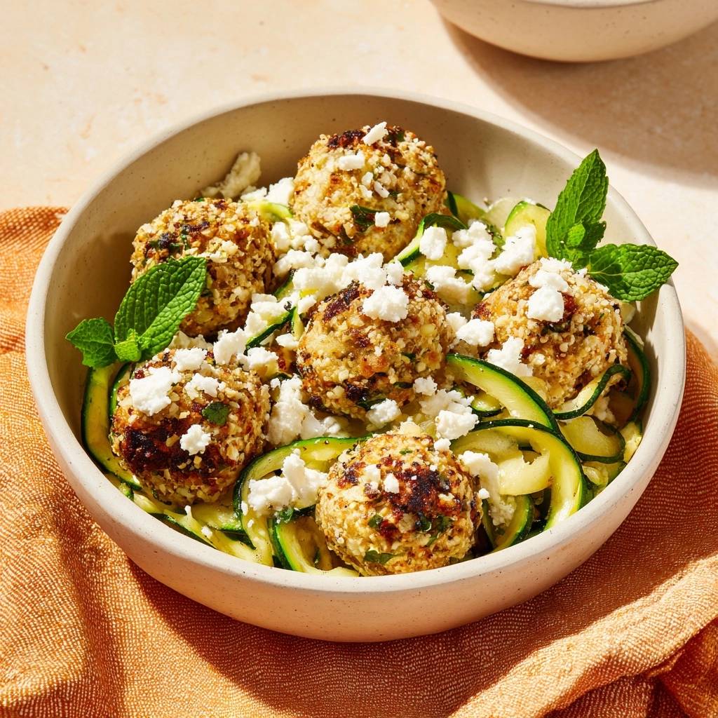 Knusprige Zucchini-Bällchen auf Zoodles mit Feta, garniert mit frischer Minze und zerbröseltem Käse, Nahaufnahme.