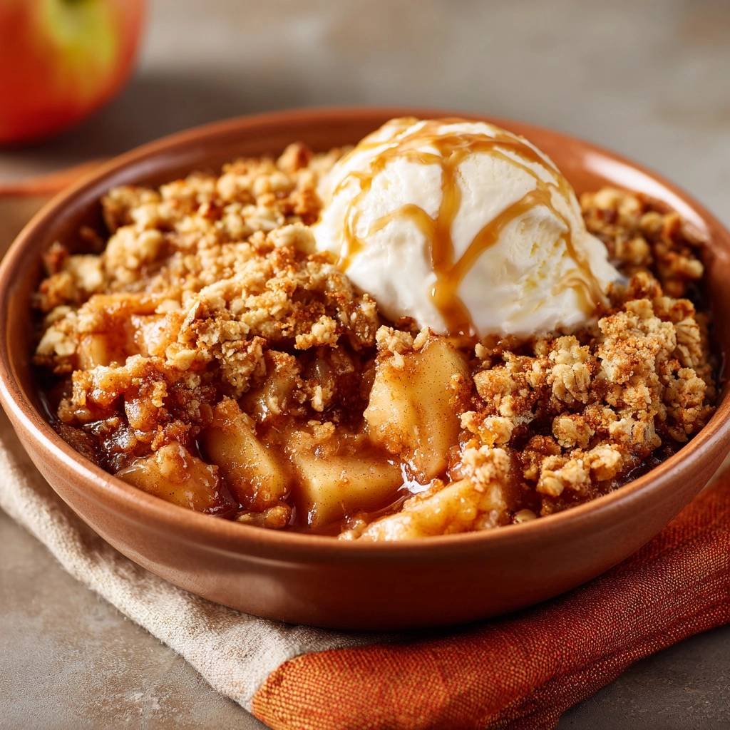 Knuspriger Apfel-Crumble mit einer Kugel Vanilleeis und Karamellsauce, Nahaufnahme der Textur und des Toppings.
