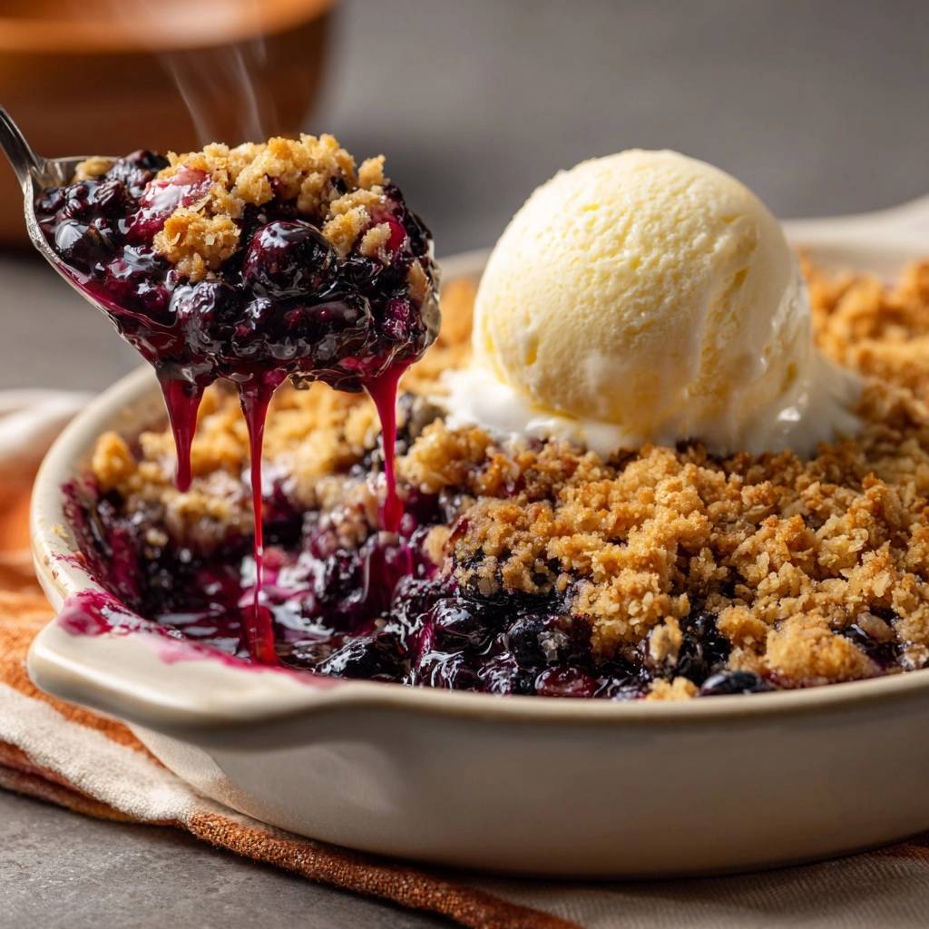 Knuspriger Blaubeer-Crumble mit Eis, eine Löffelportion mit heißem, tropfendem Blaubeerkompott und knusprigen Streuseln.