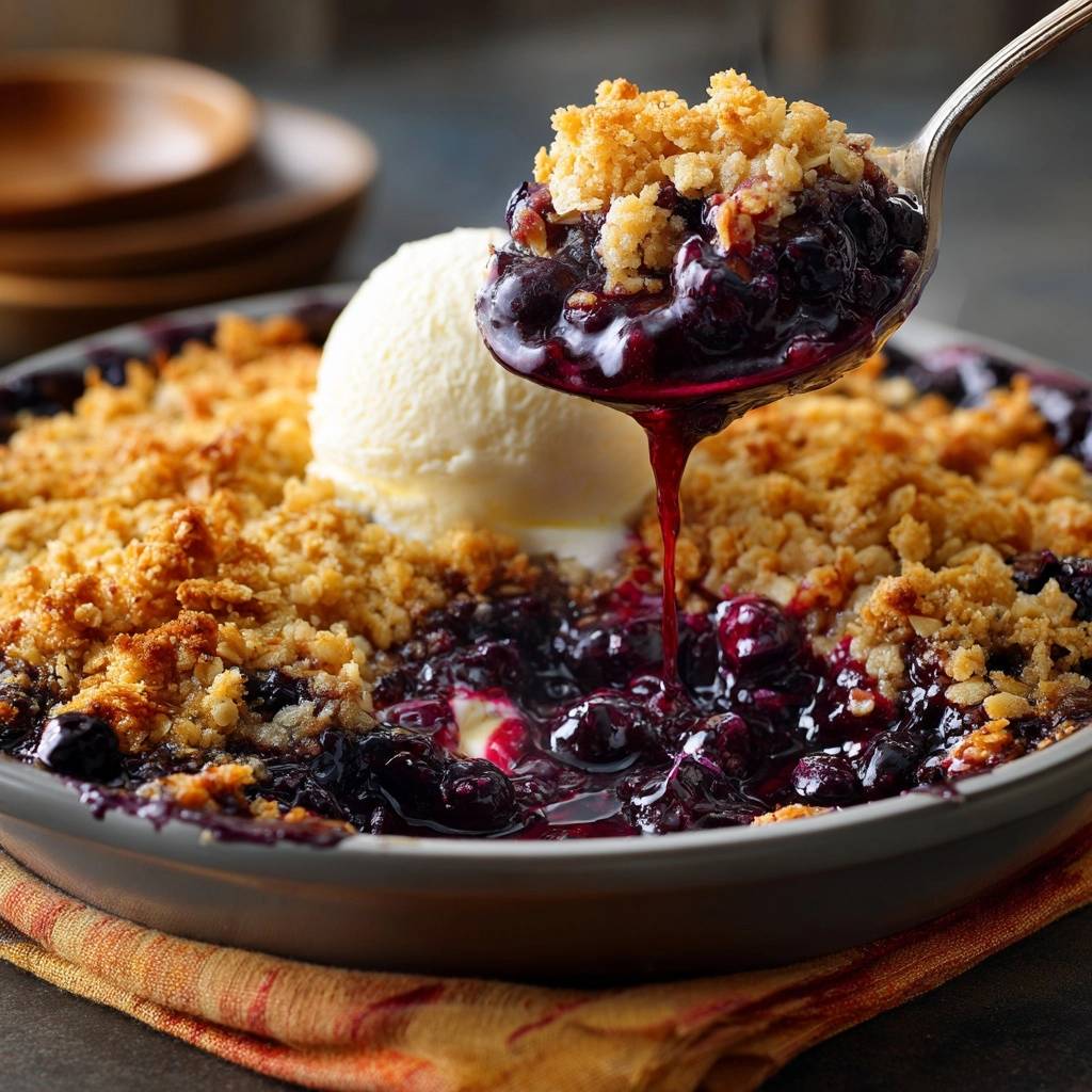 Knuspriger Blaubeer-Crumble mit einer Kelle voll Fruchtmasse und Vanilleeis, Nahaufnahme der heißen, dampfenden Streusel und Blaubeeren.