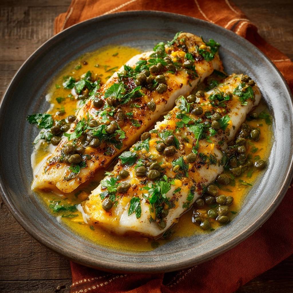 Knuspriger Fisch mit Kapern-Zitronen-Sauce, serviert auf einem Teller mit einer Nahaufnahme der Garnitur aus Kapern und Petersilie.