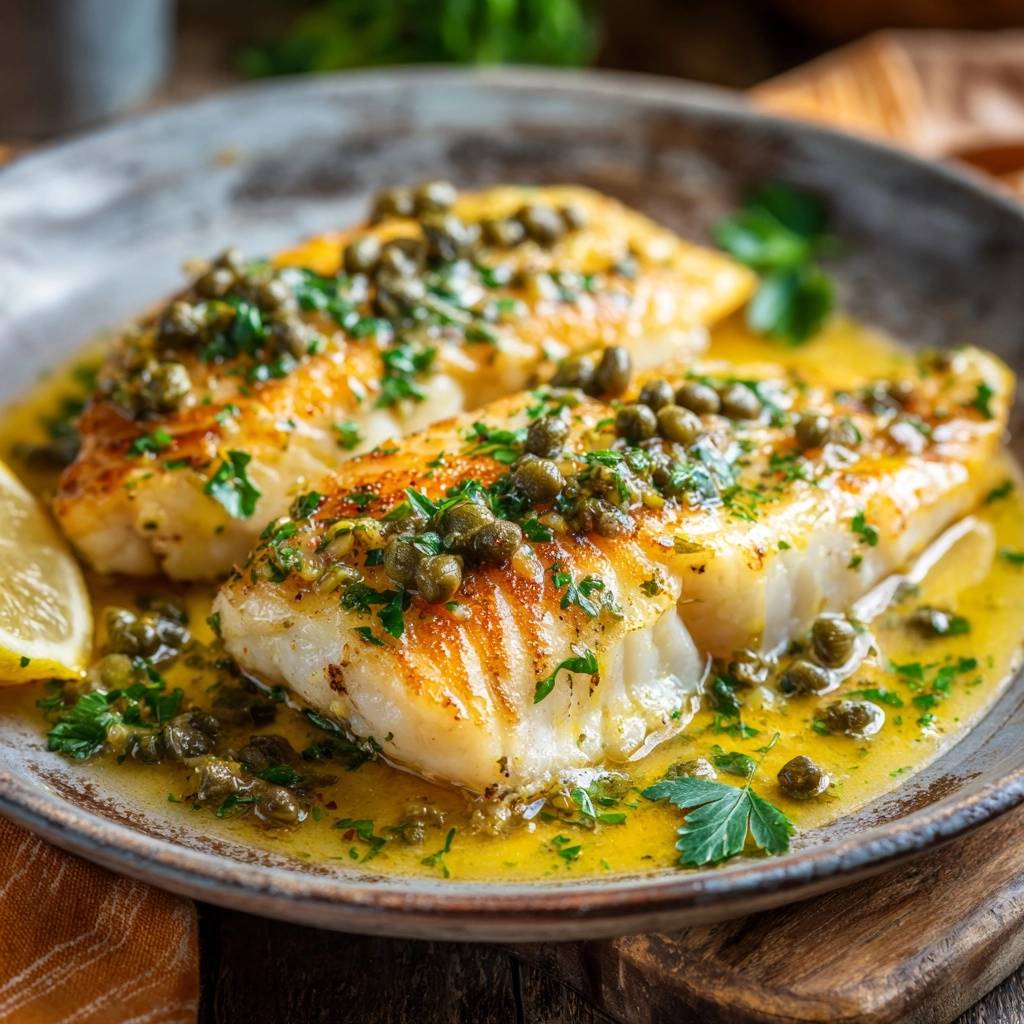 Knuspriger Fisch mit Kapern-Zitronen-Sauce, nahaufnahme der saftigen Fischfilets mit Kapern und Petersilie garniert.