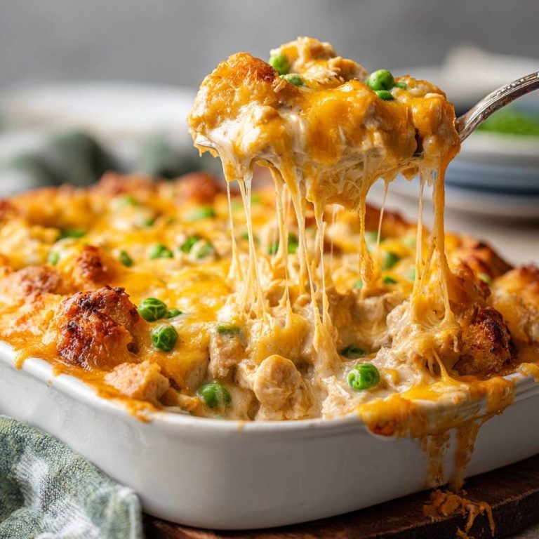 Knuspriger Hähnchen-Erbsen-Käse-Auflauf mit geschmolzenem Käse, der von einem Löffel herunterzieht, im Detailaufnahme.