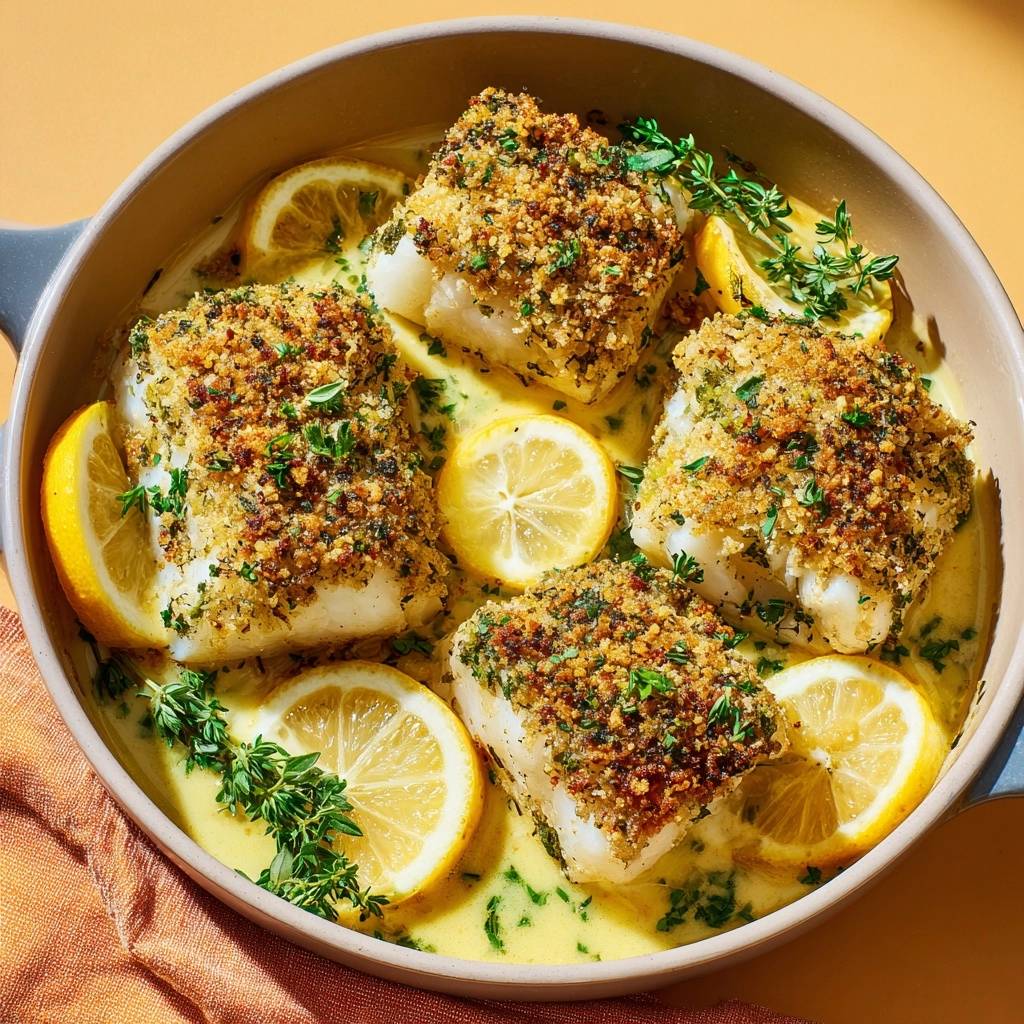 Knuspriger Kabeljau in cremiger Zitronen-Thymian-Sauce, serviert in einer Pfanne mit Zitronenscheiben und frischem Thymian.