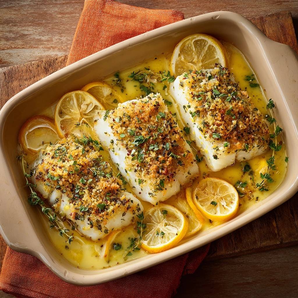 Knuspriger Kabeljau in cremiger Zitronen-Thymian-Sauce, serviert im Auflauf mit Zitronenscheiben und Kräutern.