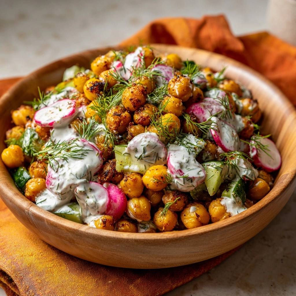 Knuspriger Kichererbsen-Salat mit Dill-Joghurt-Dressing, nah aufgenommen in einer Holzschale mit Radieschen und Gurken.