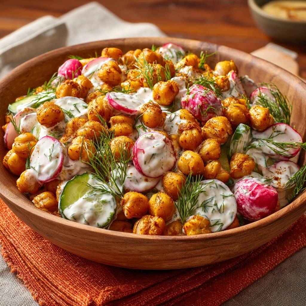 Knuspriger Kichererbsen-Salat mit Dill-Joghurt-Dressing, serviert in einer Holzschüssel mit Radieschen und Gurke.