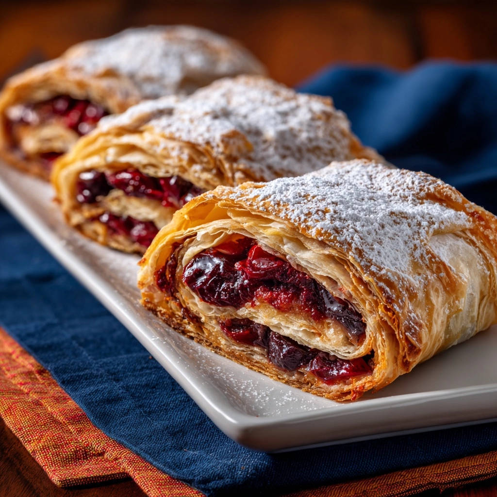 Knuspriger Kirsch-Strudel im Anschnitt, der die saftige Kirschfüllung und die vielen Teigschichten zeigt.