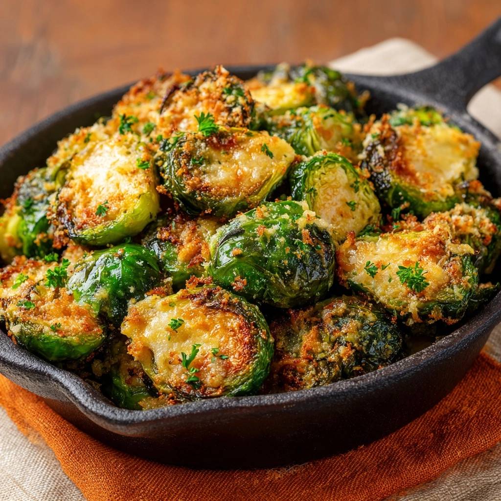 Knuspriger Parmesan-Rosenkohl, im Detail paniert und goldbraun gebacken in einer gusseisernen Pfanne.