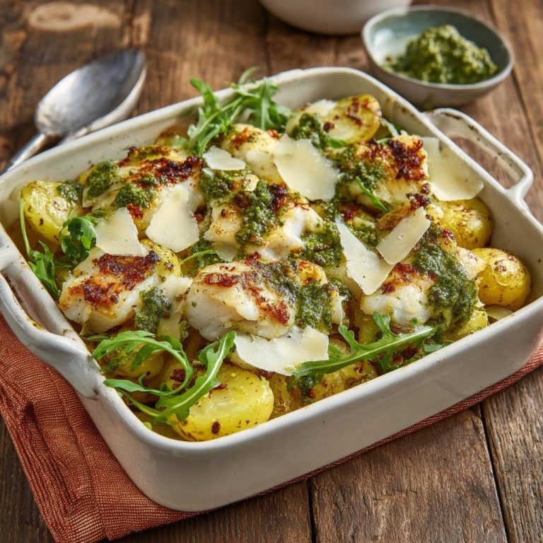 Knuspriger Pesto-Ofenfisch mit Babykartoffeln, serviert in einer Auflaufform mit Pesto und Parmesan garniert.