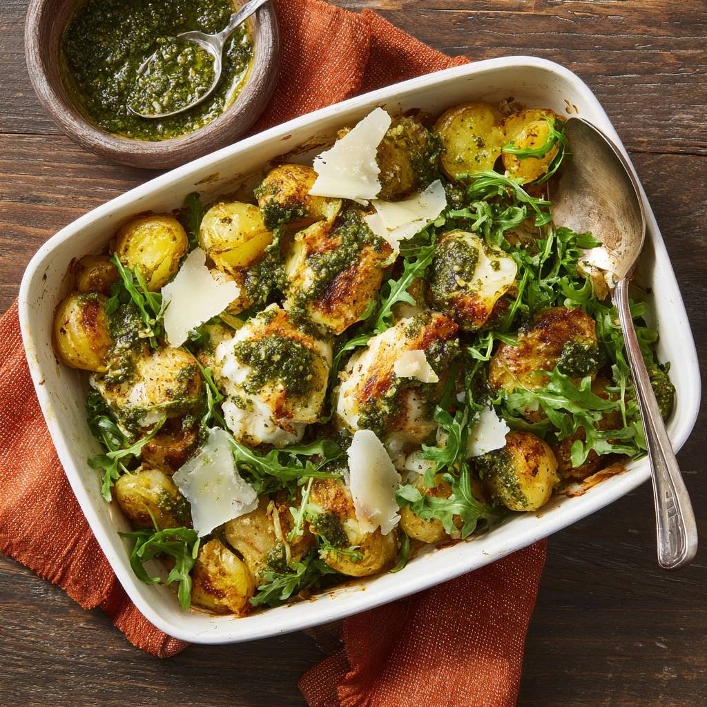 Knuspriger Pesto-Ofenfisch mit Babykartoffeln als Draufsicht aus einer Auflaufform mit frischem Pesto und Parmesan.