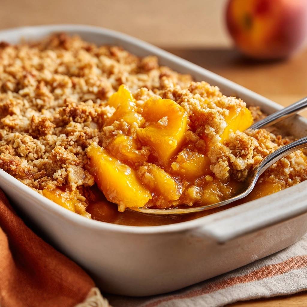 Knuspriger Pfirsich-Crumble mit einem Löffel, der eine Portion aus dem Auflaufform hebt.
