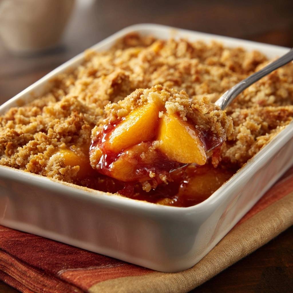 Knuspriger Pfirsich-Crumble mit einem Löffel voll im Fokus, der die saftigen Pfirsichstücke und die goldbraune Kruste zeigt.