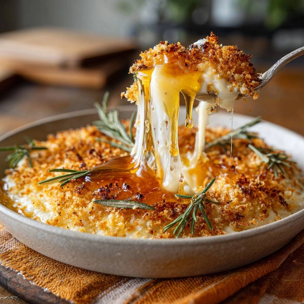 Knuspriger Rosmarin-Kartoffelgratin mit fließendem Ei, nahaufnahme von geschmolzenem Käse und Honig, der über die Kruste tropft.