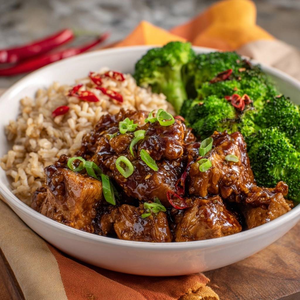 Knuspriger Teriyaki-Tofu mit Brokkoli und Reis, garniert mit Frühlingszwiebeln und Chili.