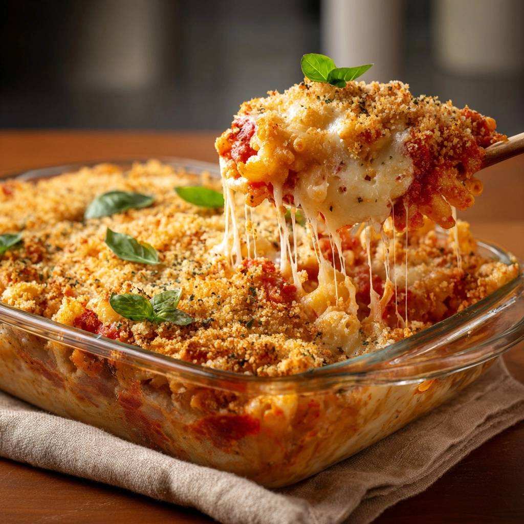 Knuspriger Tomaten-Mac-and-Cheese-Auflauf, aus dem ein Holzschöpfer geschmolzenen Käse zieht
