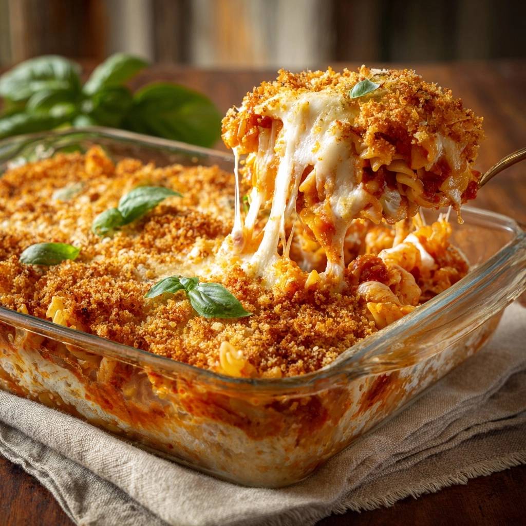 Knuspriger Tomaten-Mac-and-Cheese-Auflauf, eine Portion mit geschmolzenem Käse wird aus der Auflaufform gehoben.