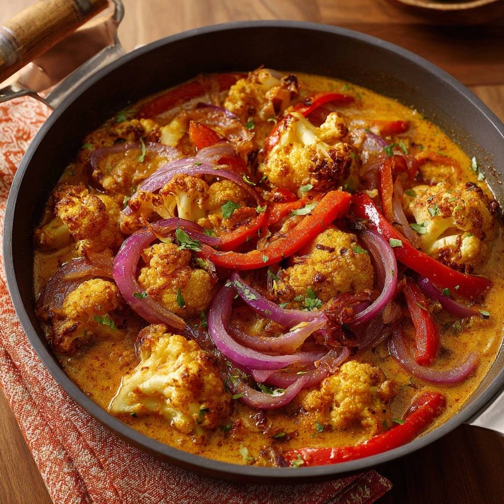 Knuspriges Blumenkohl-Curry mit Paprika, nahaufnahme der servierfertigen Speise in einer Pfanne mit roten Zwiebeln und Currysauce.